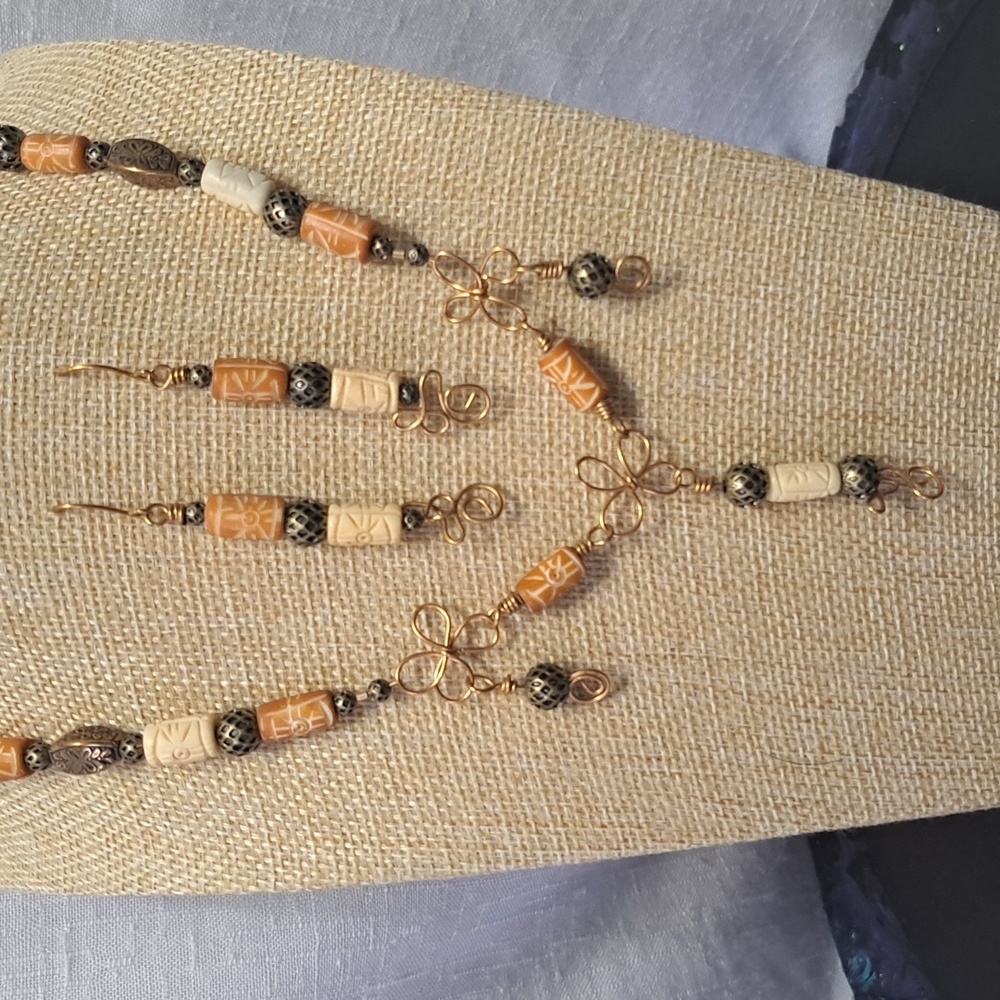 Hand Crafted Earth Tones Metal and Clay Necklace and earring set